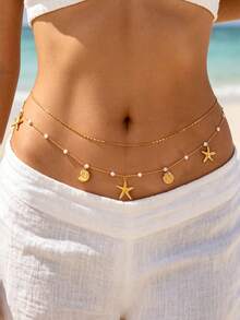 2 Peças Corrente de Cintura Feminina Estilo Boêmio Clássico de Férias, Corrente de Contas de Arroz Amarelo Dourado com Estrela-do-Mar e Pérola Falsa, Camada Dupla Destacável, Elegante e Requintada, Adequada para Uso Diário, Festa, Encontro, Praia, Litoral e Maiô Bikini - Contas douradas e estrelas-do-mar - Visão 11