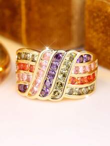 1 Stylish Colorful Mixed-Stone Layered, Openwork, Wide-Band, Interlaced Zirconia Ring For Women-An Eye-Catching, Unique Ring Perfect For Party Outfits - Golden Yellow + Color - View 3