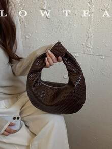 low tea 1pc Minimalist Fashion Woven Texture PU Fabric Handbag, Suitable For Commuting, Shopping And More - Coffee - View 10