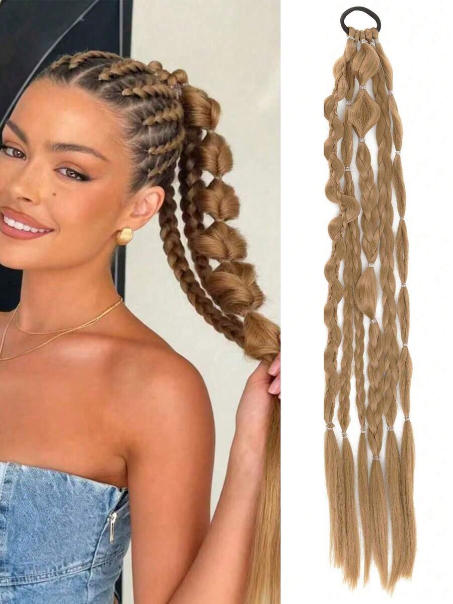 Paquete de cabello de cola de caballo de burbuja de 24 pulgadas hecho a mano de color mixto, adecuado para todos los tipos de cabello de mujer, bandas elásticas de goma