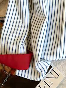 Women's Retro Colorblock Striped Polo Collar Long Sleeve Shirt, Spring New Fashion Design Loose Casual Top - White - View 7