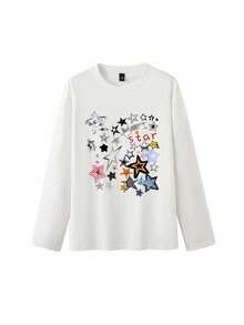 Lazy Casual Long Sleeve T-Shirt, Colorful Star Print, Autumn Street American Design Crew Neck Top White - White - View 5