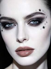 1pc Black & Silver Contrast Hollow Star & Music Note Face Decoration Sticker, Self-Adhesive, Music Festival Clear Rhinestone Smoky Eye & Cheek Cool Atmosphere Makeup Sticker, Cold Nude Makeup, Black Smoky Highlight Niche Creative Makeup Patch - Multicolor - View 3