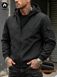 Men's Solid Color Outdoor Casual Sports Jacket With Hood, Multi-Pockets, Thick Thermal Lining, Mountain Style Outerwear - Black - View 3