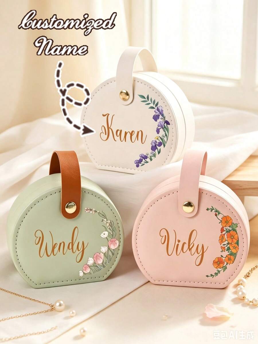 Custom Floral Semi-Circular Leather Jewelry Box, Personalized Name Portable Travel Earring Necklace Storage Box, Unique Bridesmaid Gift, Women's Birthday Gift, Bachelorette Party Keepsake