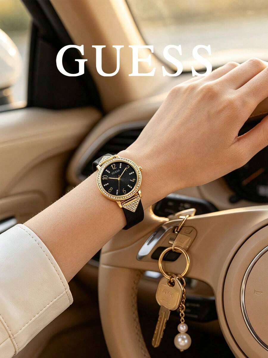 GUESS Women Gold Rhinestone Watch, Black Sunburst Dial Triangle Crystal Decor Black Leather Strap Elegant Quartz Wristwatch - Black - View 1