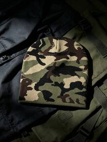 1件女款迷彩針織毛帽，秋冬保暖街頭休閒風 - 軍綠色 - 查看 1