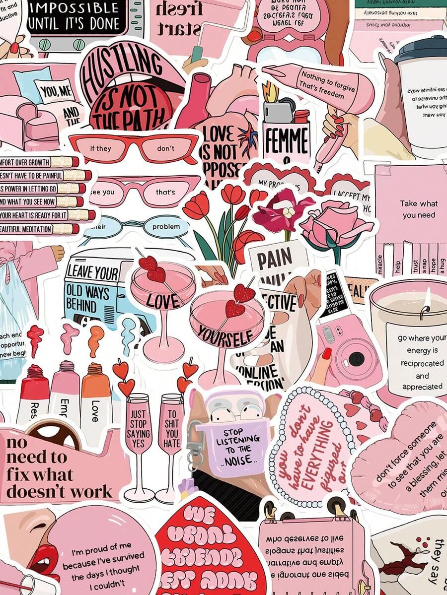 50pcs/Sheet Ins Style Positive Self-Love English Slogan Decorative Stickers, Floral Aromatherapy Beauty Life Elements, Pink Illustration, For Scrapbooking, Tablet & Cup Decoration, Diary Emotional Recording, Gift Wrapping, Luggage Decorative Stickers