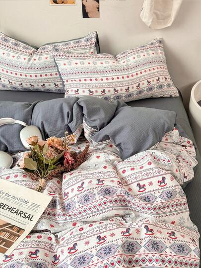 4-Piece Fair Isle Wooden Horse Print Duvet Cover Set, Soft And Comfortable Bedroom Bedding, Includes 1 Duvet Cover, 1 Bed Sheet, 2 Pillowcases, Vintage Nordic Snowflake Heart Pattern Bedroom Decor Bedding, Suitable For Dorm, Bedroom Home Use, Multiple Size Options