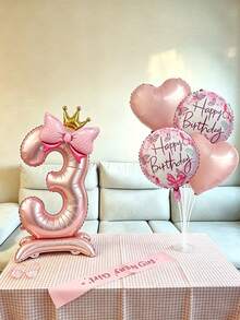 立式數位領結與生日圓形氣球套組，適用於生日派對、聚會裝飾、週年慶祝、節日慶典、背景牆、戶外派對場景佈置 - 粉紅色站立數字搭配愛心圓球蝴蝶結氣球 - 查看 4