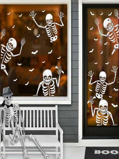 Halloween Window Decoration Skeleton Stickers 4pcs 3pcs Giant Skeleton Window Decals, Scary White Skeleton Window Stickers, Suitable For Indoor Bedroom Door Decoration, Home Haunted House Party Supplies