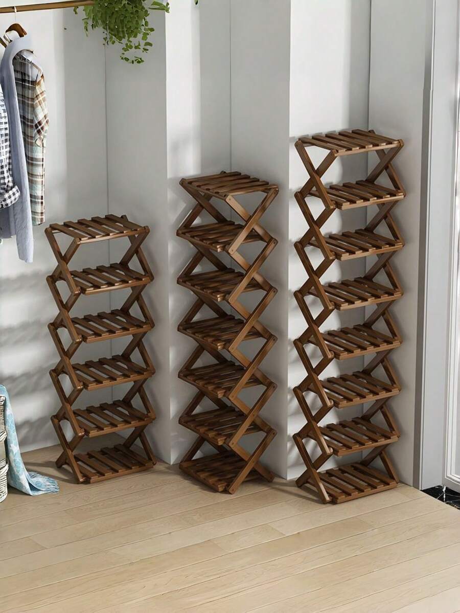 1pc 2-9 Tier Foldable X-Shaped Bamboo Shoe Rack, Freestanding Slim Narrow Shoe Storage Organizer, No Assembly Required, Space-Saving Storage Rack, Suitable For Entryway, Dorm And Small Apartment, Back To School And Moving Essentials