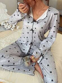 Dreamivo Ruched V-Neck Patchwork Heart Print Long Sleeve Top + Long Pants 2 Pieces Set - Multicolor - View 4