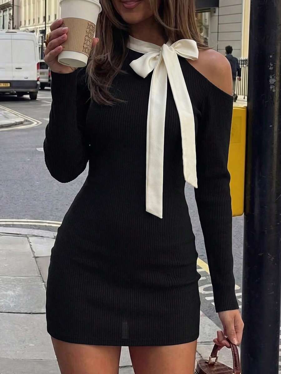 Autumn New Sexy Bodycon Long Sleeve Little Black Dress Fitted Bow Short Dress - Black - View 1