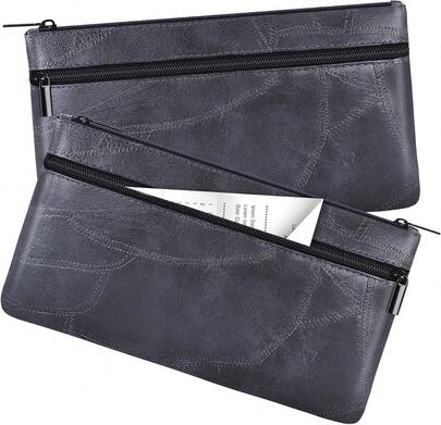 HAUTOCO 2 Pcs Money Bag With Zipper 11 X 6.1 Inch Embossed Deposit Money Pouch With Lined PU Leather Bank Bag Two Pockets Utility Wallet For Cash