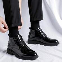 British Style Shiny Patent Leather High-Top Men's Lace-Up Soft Sole Business Commuter Boots, Versatile Casual Formal Ankle Boots For Workplace, Wedding And Everyday Wear - Black - View 2