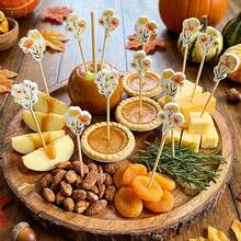 50/100pcs Autumn Wildflower Cocktail Picks, Autumn Floral Beverage Fruit Appetizer Toothpicks, Cupcake Decoration Skewers - Orange - View 3