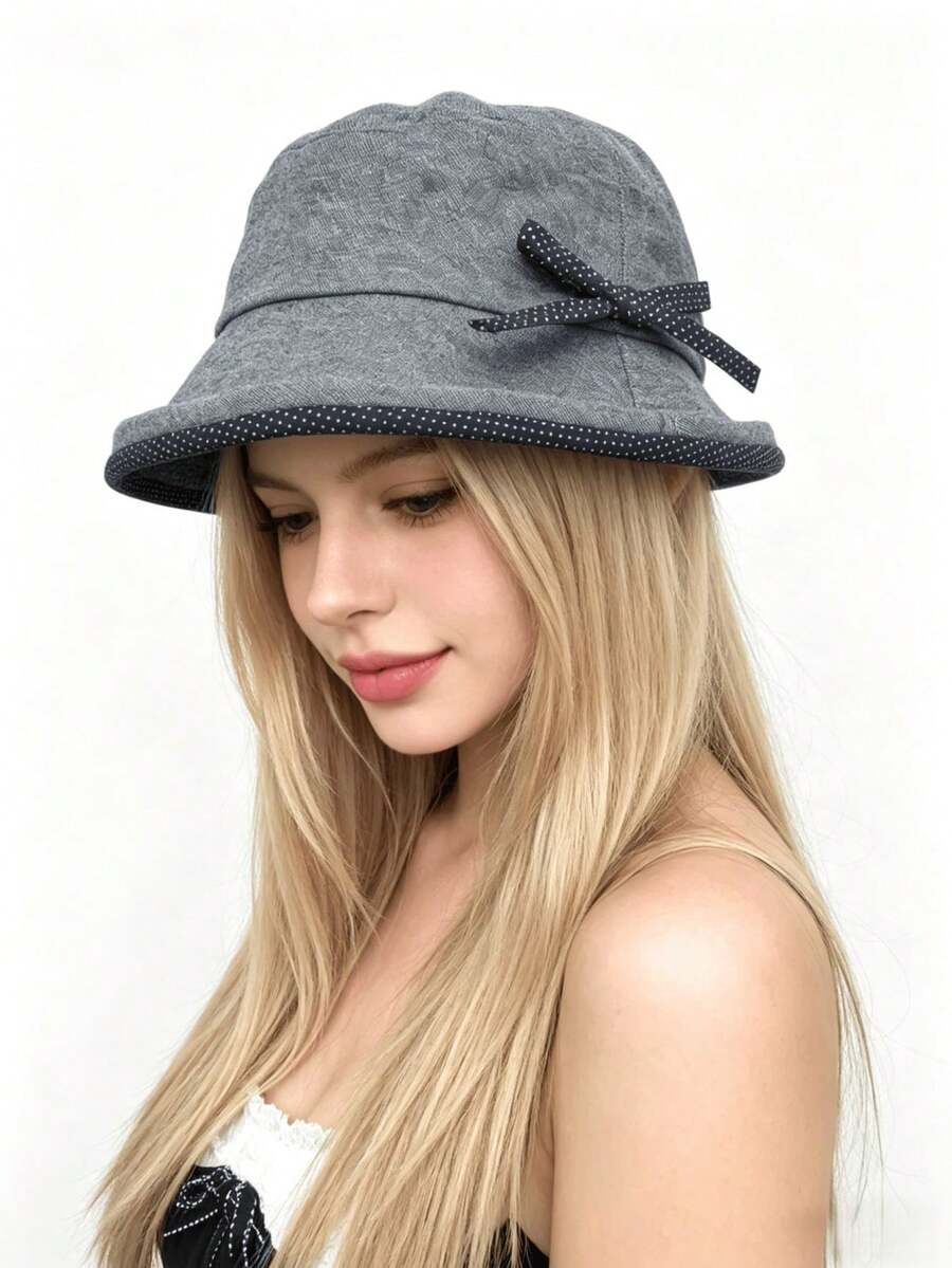 1pc Women's Polka Dot Trim Bow Bucket Hat, Vintage Casual Summer Sun Hat, Lightweight Breathable Travel Hat, Suitable For Outdoor, Vacation, Daily Wear - A - View 1