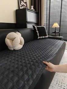 SANMOSPIN 1PC Solid Color Piped Quilted Plush Sofa Cushion, Minimalist Grid Pattern, Quilted Craftsmanship, Suitable For Autumn/Winter, Soft And Comfortable Plush Sofa Cushion, Pet-Friendly Machine Washable, Bedroom Living Room Office Home Decor Protective Cover - Dark Grey - View 4