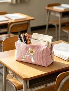1pc Customized Initial Minimalist Large Capacity Pencil Case, Corduroy Material Multi-Functional Pencil Case, School Supplies, Pencil Bag, Office Supplies, Back To School Gift, Pencil Bag, Backpack - Multicolor - View 5