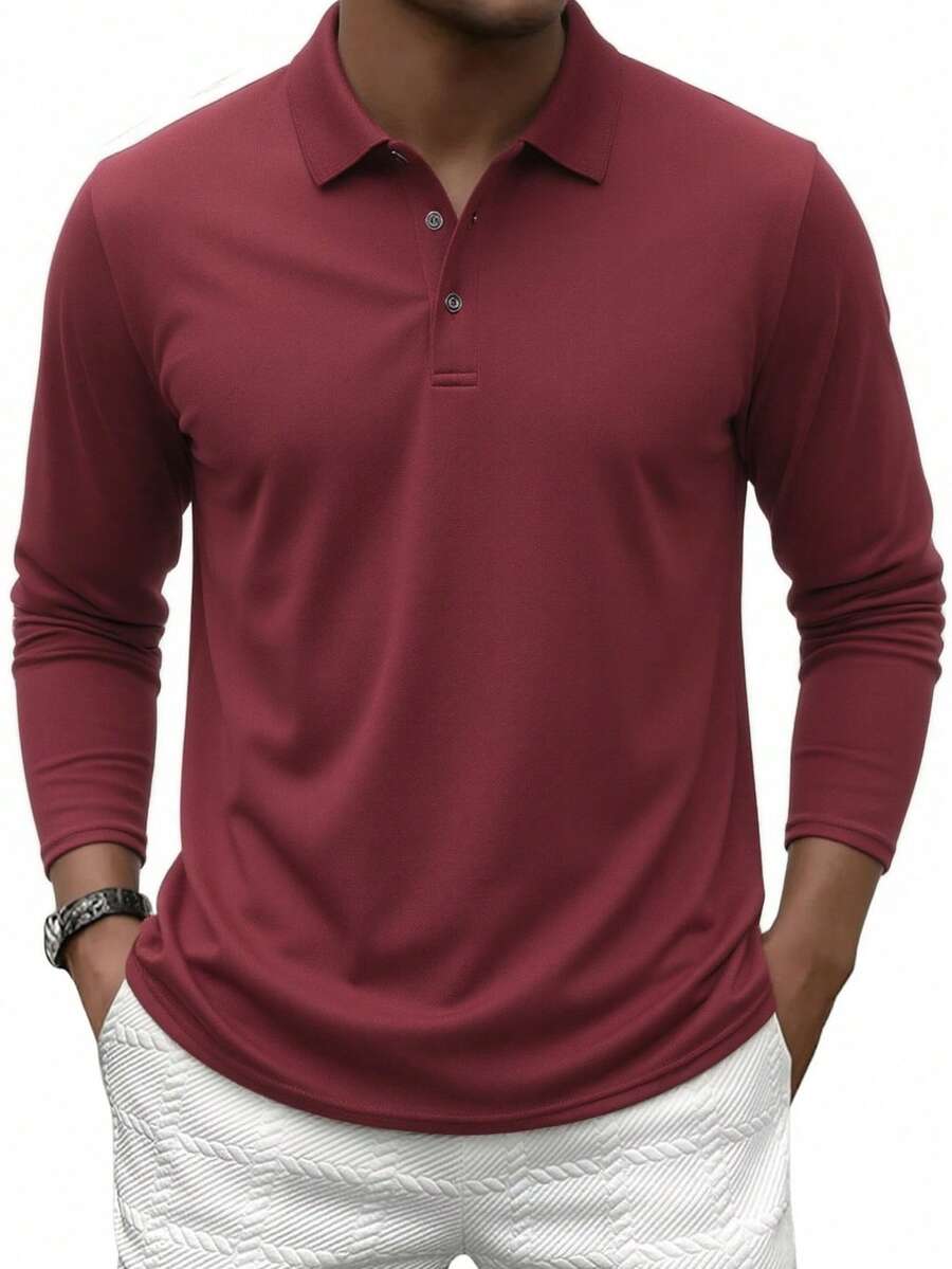 Men's Solid Color Classic Long Sleeve Polo Shirt, Simple Mature Style Fit, Fine Skin-Friendly Smooth Breathable Fabric, Suitable For Young And Middle-Aged Men's Office, Weekend, Daily Wear - Red - View 1