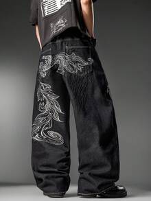 Korean Street Style Men's Wide Leg Jeans, Two-Tone Embroidery Design, Loose Fit, Full Length Trousers, All-Season (Belt & Accessories Not Included) - Black - View 7