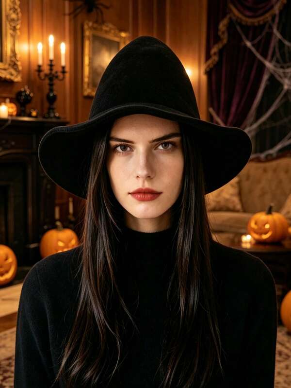 1pc Wide Brim Halloween Witch Hat, Fashionable Black Knitted Witch Hat, Halloween Party Atmosphere Prop