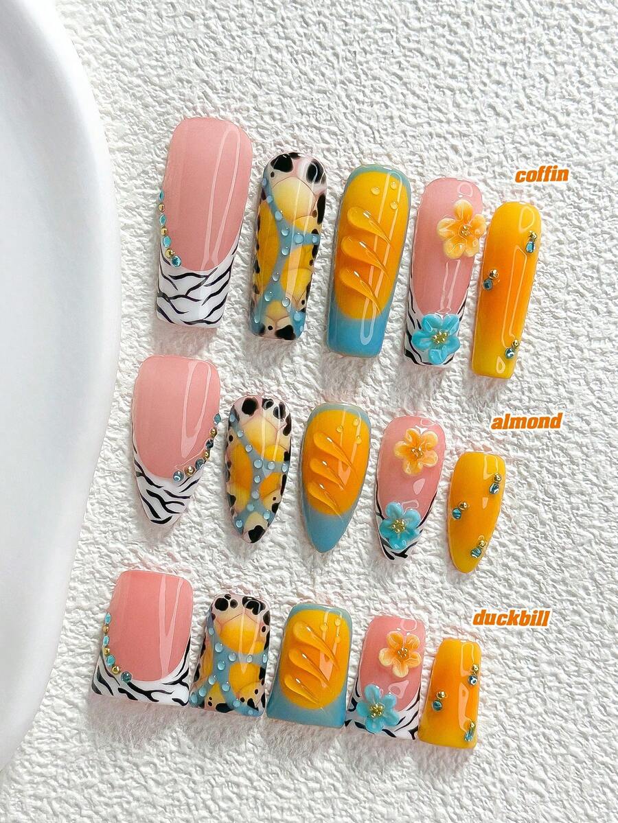 10pcs Y2K Style Handmade Press-On Nails, Polygel Nail Art Set, Tortoise Shell & Floral Pattern, Orange & Blue Nails, Sweet & Cool Vacation Style, Includes Nail Tools, 3 Sizes Available, Almond/Duck/Coffin Shape, Suitable For Party, Dancing, Daily Wear - Multicolor - View 1