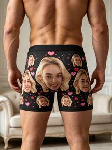Men's Custom Blonde Female Face & Scattered Pink Heart Print Black Polyester Boxer Briefs, Romantic Couple Gift & Daily Underwear - Multicolor - View 3