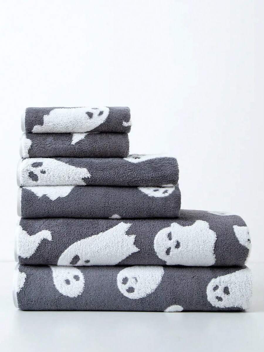 1pc Polyester Grey Bath Towel Or Kitchen Small Towel, Thin, Halloween Ghost Pattern, Unisex, All-Season, Quick-Dry Absorbent, Suitable For Bathroom, Holiday Gift, School, Outdoor Travel, Home Decor, Beach - Dark Grey - View 1
