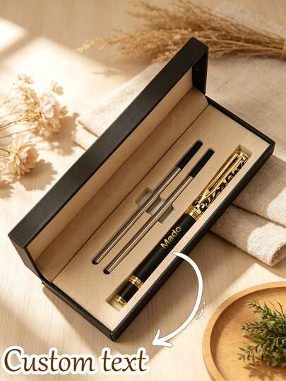 4pcs (1 Pen + 2 Refills + 1 Pen Box) Elegant Retractable Ballpoint Pen With Black Ink - Personalized Gift Box - Customized Metal Engraving For Wedding, Christmas, Valentine's Day, Office Gifts, Cute Pen, Wedding Anniversary | Fashionable Metallic Gloss Effect
