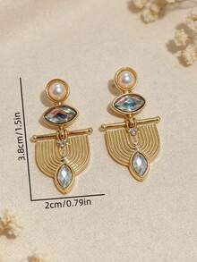 1 Pair Vintage Elegant Geometric Moonstone & Pearl Design Pendant Earrings, Suitable For Women's Daily, Party, Travel Wear Jewelry Gift - Yellow Gold - View 2