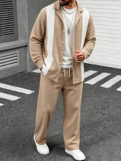 Men's Autumn 2 Pieces Set, Striped Colorblock Suit Collar Long Sleeve Shirt With Wavy Textured Casual Pants, Loose Fit For Travel, Shopping, Vacation, Daily Commute And Outings