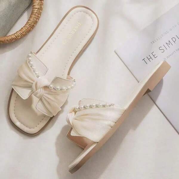 Women's Versatile Flat Slides With Bow And Pearl Decor, Comfortable Minimalist Elegant Vacation Style Beach Home Outdoor Daily Summer Open Toe Sandals