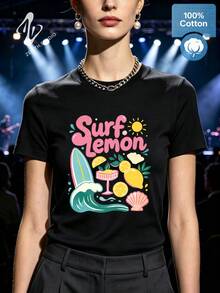 SURF LEMON Vibrant Wave Ocean Print Cotton Short Sleeve T-Shirt Beach Summer Party Apparel - 黑色 - 查看 3