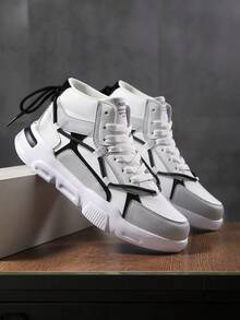 Men's Patchwork Colorblock Design Casual Sneakers, Personalized High-Top Versatile Comfortable Sports Shoes - white ash - View 6