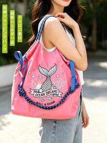 1pc New Embroidered Fish Tail Pattern Storage Nylon Large Capacity Foldable Shopping Bag Commuter Beach Party Women's Shoulder Crossover Tote Bag - Multicolor - View 2