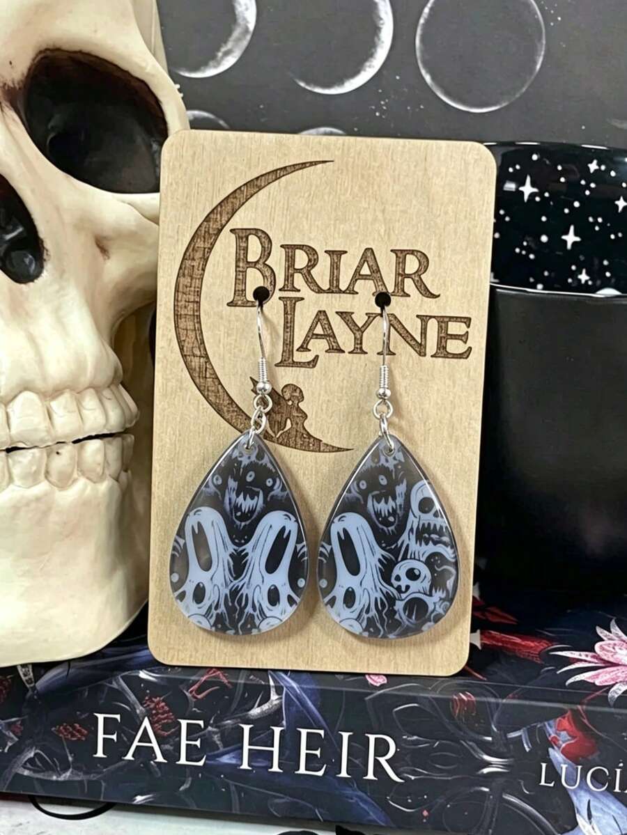 1Pair Black Teardrop White Spider Web Line Print 2D Flat Acrylic Hook Dangle Earrings, Minimal Halloween Cobweb Pattern Drop Earrings For Women. - Ghost - View 1