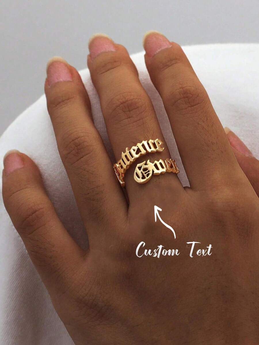 Elegant Vintage Style Customizable Double Layer Name Open Ring, 304 Stainless Steel, Adjustable Women's, Suitable For Daily Wear And Gifting Occasions - Golden Yellow - 2 Names - View 1