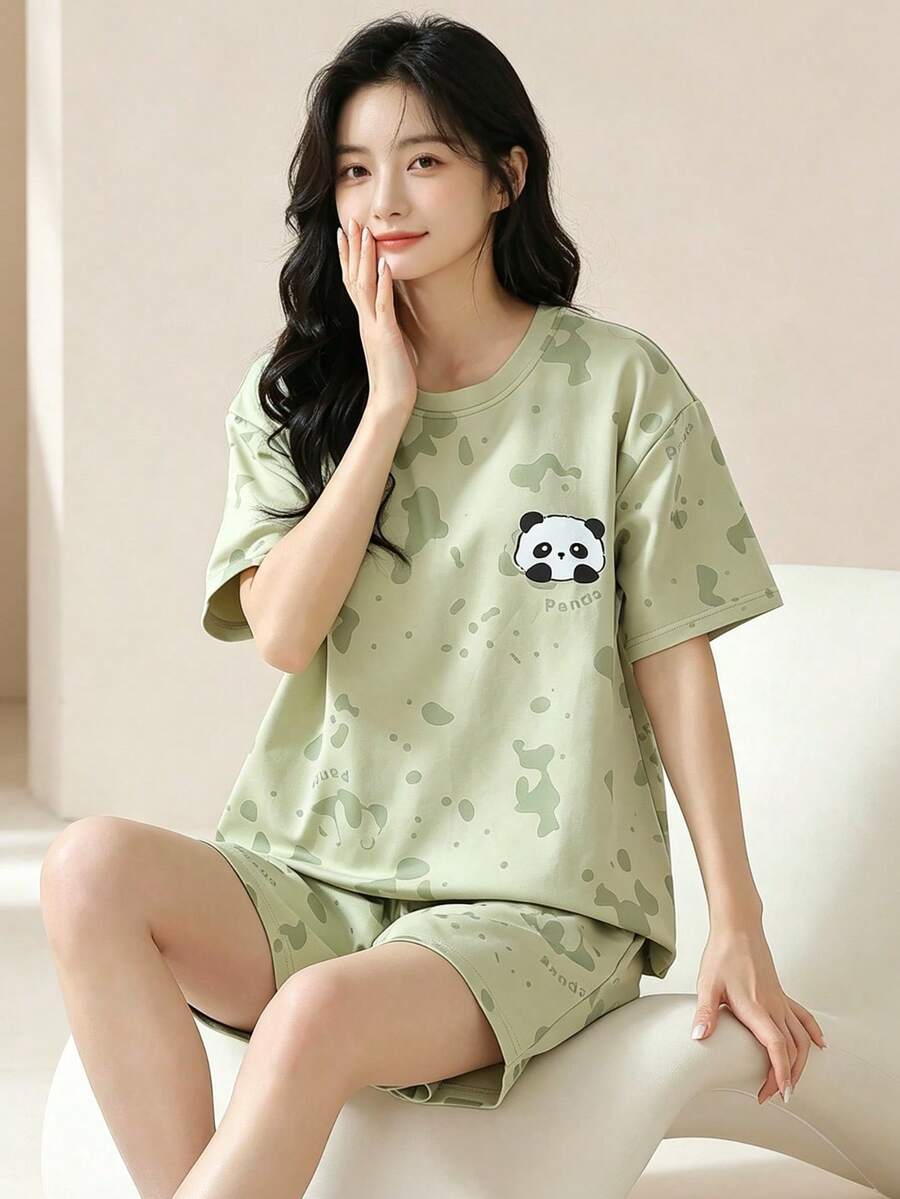 AICJ 2 件女士休闲简约春夏熊猫印花短袖 T 恤和短裤睡衣套装，两件套 - 綠色 - 查看 1