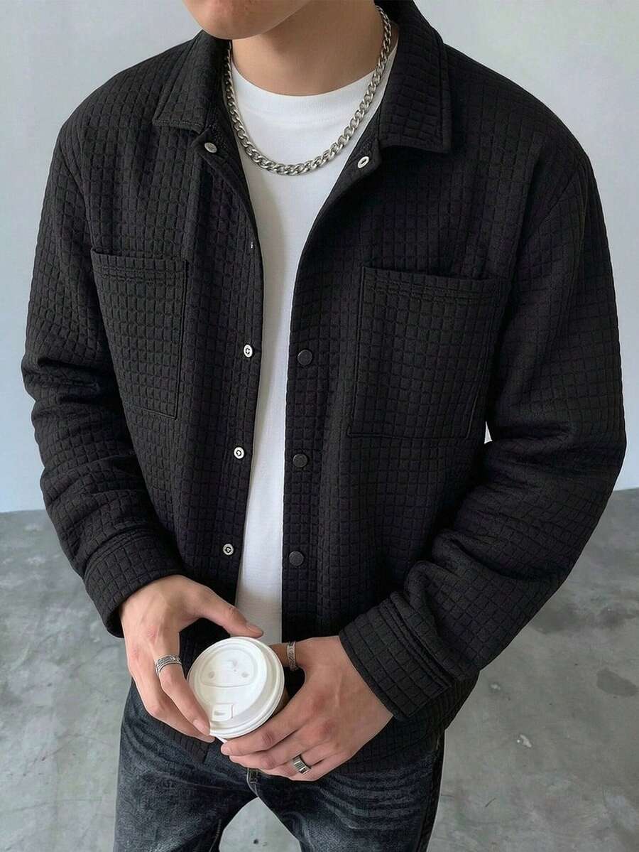 男士秋冬休閒百搭長袖襯衫夾克,附胸前口袋,極簡設計,適合日常穿著與通勤 - 黑色 - 查看 1