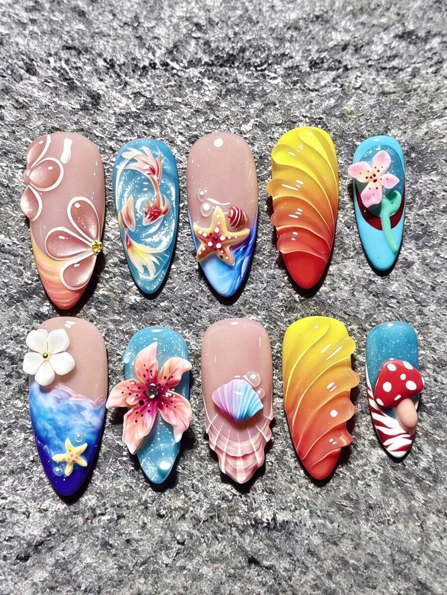 10pcs/Set Uñas Postizas de Verano Y2K Almendra Mediana Estilo Francés, Diseño 3D Flor Concha Ola Degradado Ondas de Agua con Strass, Uñas Falsas Brillantes de Cobertura Completa, Adecuadas para Uso Diario de Mujeres y Niñas