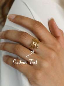 Customized Multi-Name Ring, Personalized Adjustable Stainless Steel Nameplate Ring Suitable For Women, Couples, Family, 18K Gold Plated Pendant Jewelry, Fashionable Wedding Accessories, Birthday, Mother's Day Gift, Golden Fashion, Autumn, Retro, Unisex, Minimalist, Casual, Gothic, Punk, Customized, Personalized, Unique, Friend Anniversary Gift - Yellow Gold - View 1