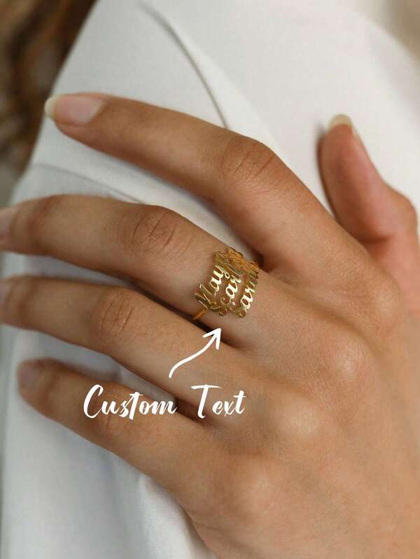 Customized Multi-Name Ring, Personalized Adjustable Stainless Steel Nameplate Ring Suitable For Women, Couples, Family, 18K Gold Plated Pendant Jewelry, Fashionable Wedding Accessories, Birthday, Mother's Day Gift, Golden Fashion, Autumn, Retro, Unisex, Minimalist, Casual, Gothic, Punk, Customized, Personalized, Unique, Friend Anniversary Gift