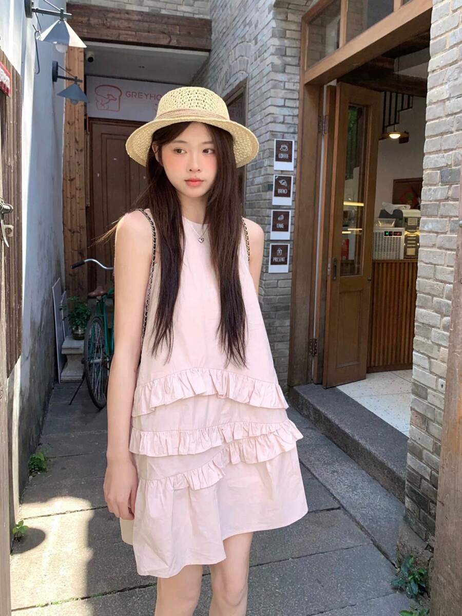 Women's Casual Sleeveless Dress With Ruffled Floral Design, Pink Elegant Summer - Pink - View 1