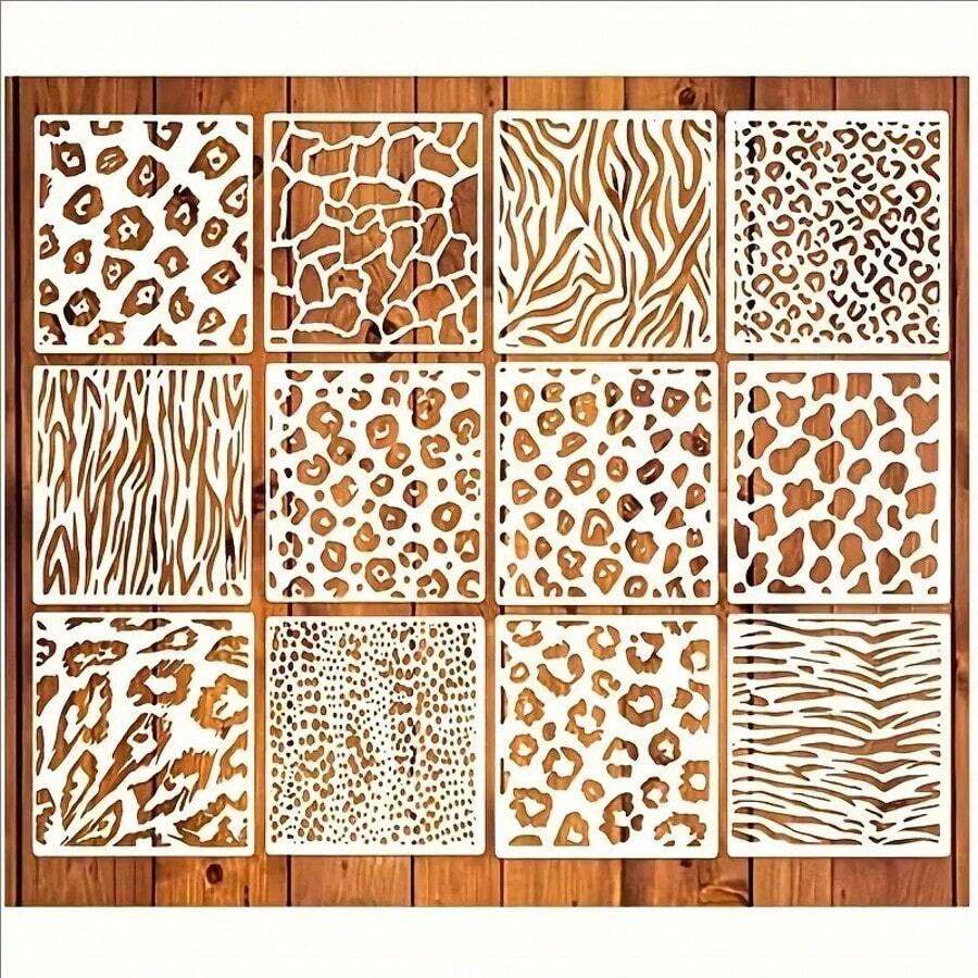 12 buah Stensil Motif Macan Tutul, Cheetah, Hewan Peliharaan, dan Sapi - Templat Tekstur Bergaris yang Dapat Digunakan Kembali untuk Dekorasi Lukisan Semprot, Desain Bunga, Pola Sulur Hibiscus, Perlengkapan Sekolah dan Kembali ke Sekolah, Scrapbooking - Putih - View 1