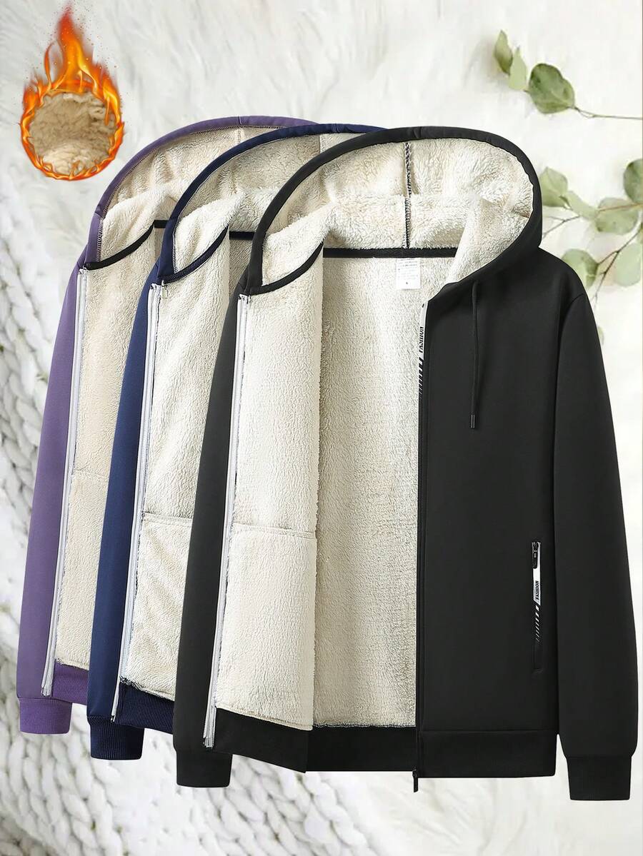 Women's Zip-Up Hooded Jacket, Warm Fleece Lining, Long Sleeve Casual Pocket Jacket - Black - View 1