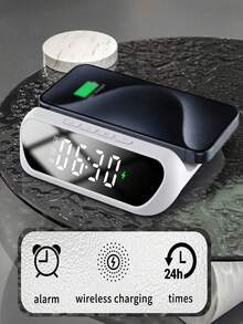 AKKHOO 數位鬧鐘無線充電器，15W 最大功率快速無線充電站，Type-C 供電 LED 顯示時鐘，適用手機，無內置電池 - 白色 - 查看 3