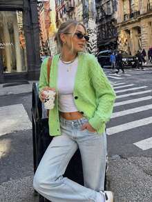 2026 Autumn/Winter Women's Chunky Knit Sweater, Cable Knit Pattern, V-Neck, Long Sleeve, Loose Fit, Button-Down Cardigan Top - Green - View 3