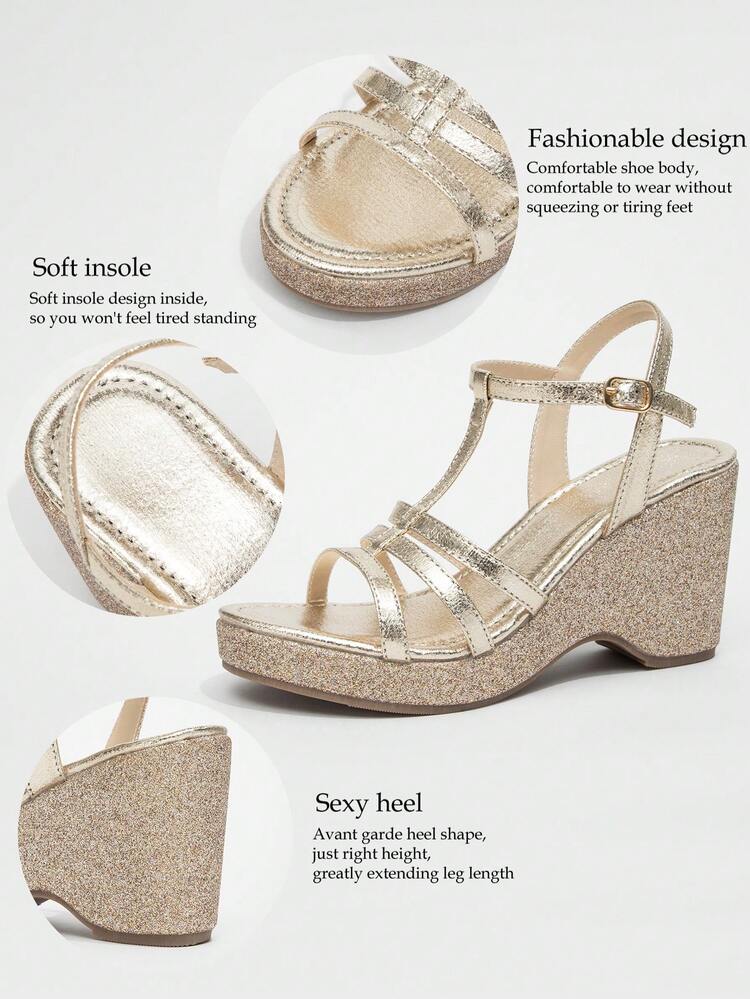 Women's Elegant Sandals, Gold Multi-Strap Metal Buckle Wedge Heel, Open Toe Adjustable Buckle Back Strap Glitter Thick Sole Design, Suitable For Wedding, Party, Commute Office, Summer Daily Wear - Champagne - View 11